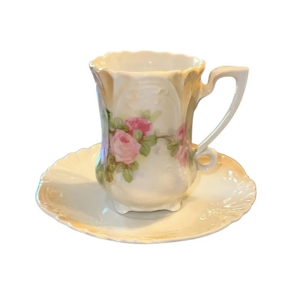 porcelain demitasse cup and saucer set, chocolate set, hand-painted rose & gold